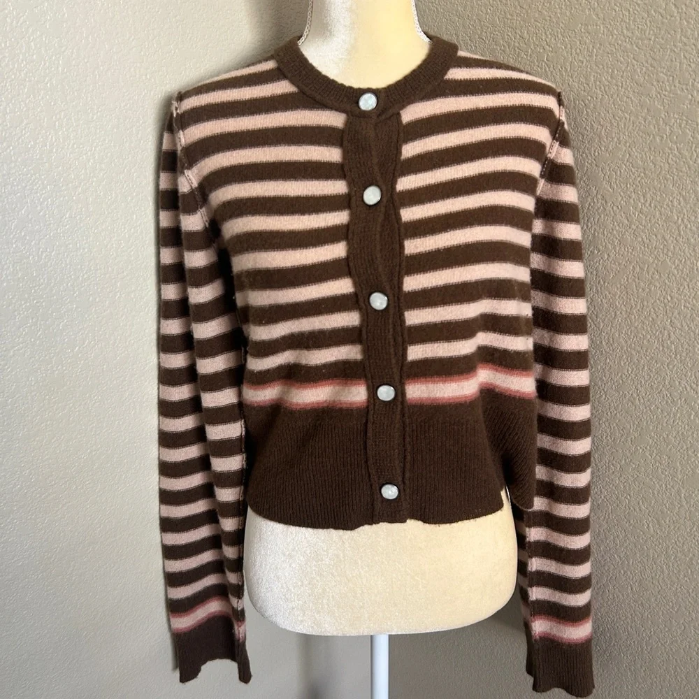 Free people 100 % cashmere Brown & Pink Striped Button Cardigan size L - Picture 5 of 8
